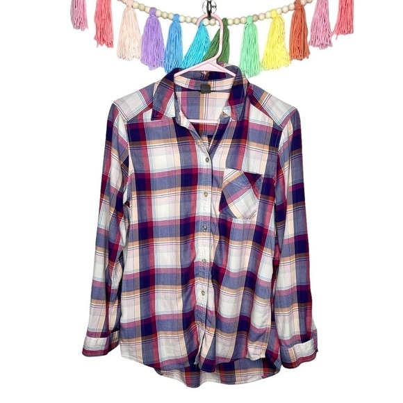 Eddie Bauer Rustic Plaid Pink Purple Orange Cozy Plaid Flannel Shirt Size Medium - Picture 1 of 13